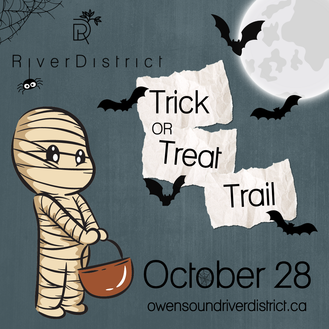 little mummy trick-or-treater on blue background with bats flying in front of a moon