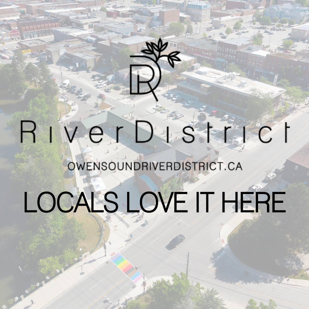 Faded areal shot of a famers market with an overlay of text and logo