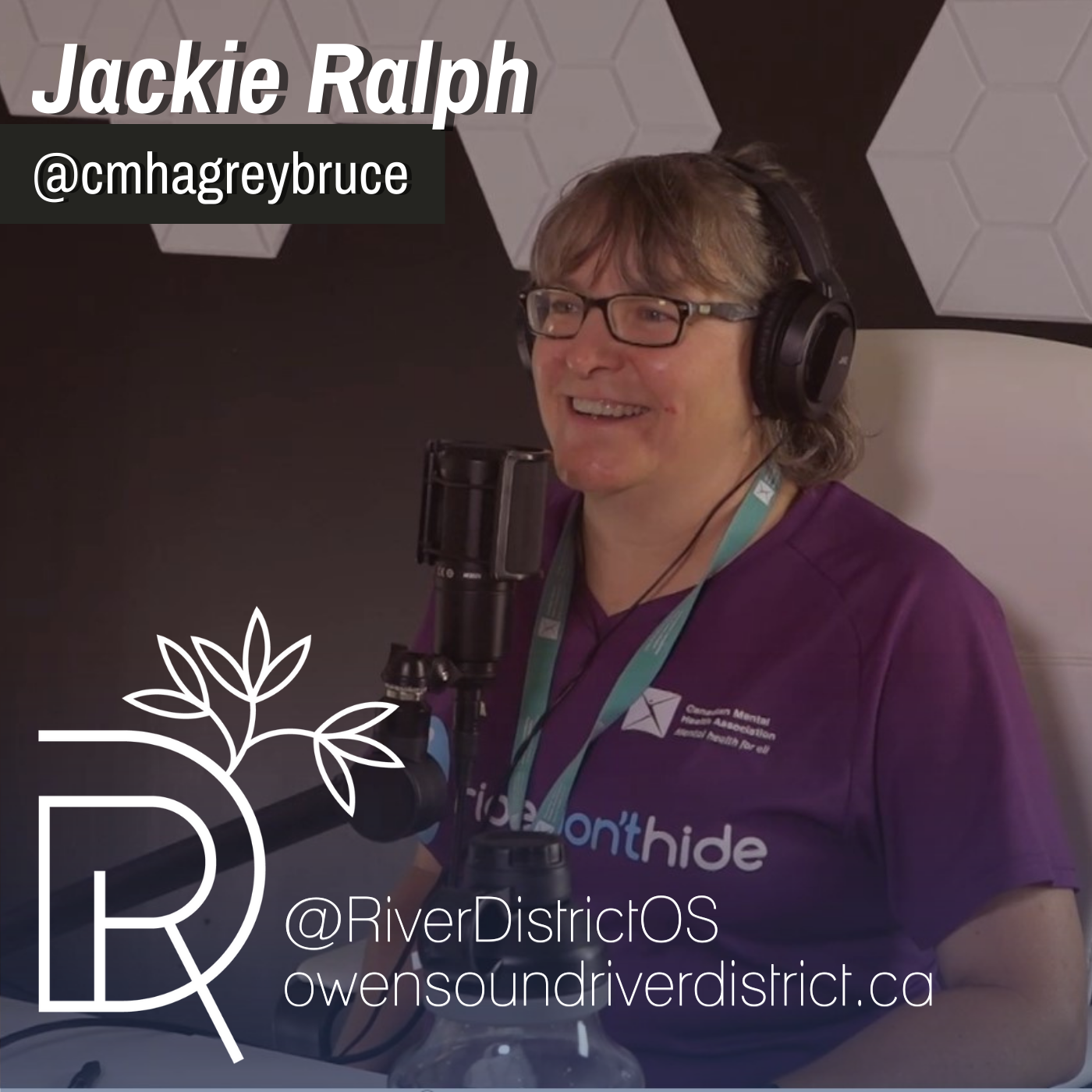 jackie ralph in front of a podcast microphone