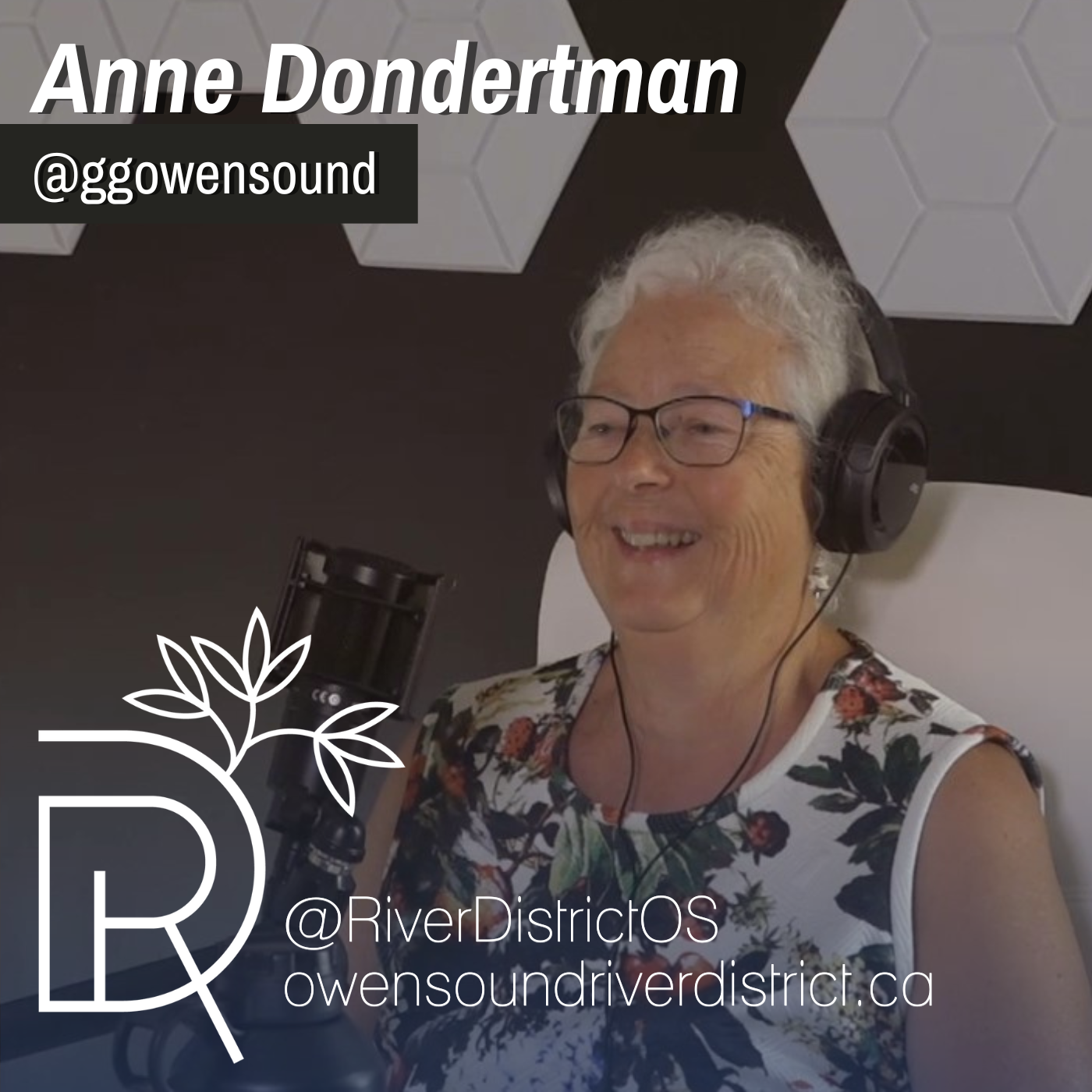 Anne Dondertman in studio setting with a microphone in front of her