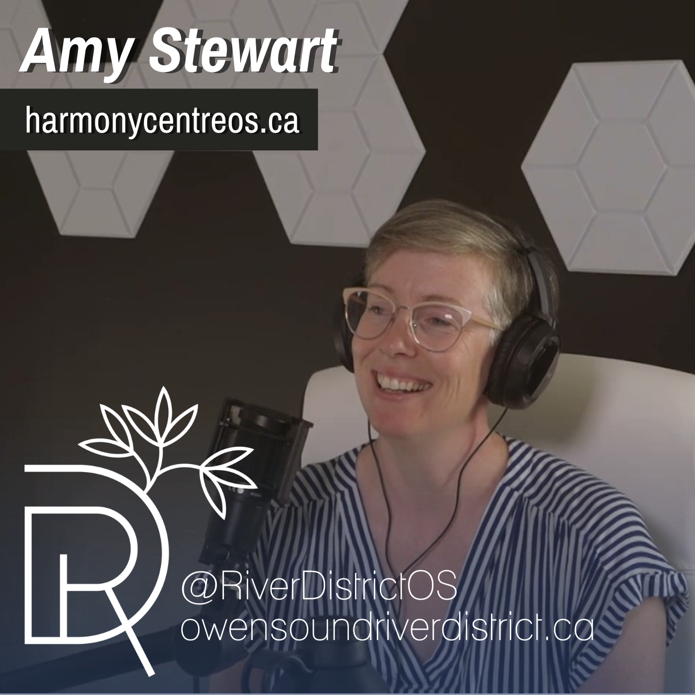Amy stewart from harmony centre in podcast studio with microphone in front
