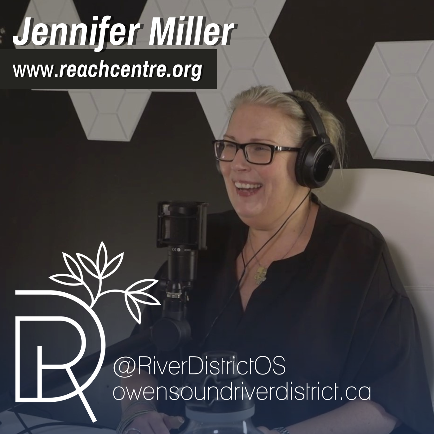 Jennifer Miller in front of a podcast microphone in a studio setting