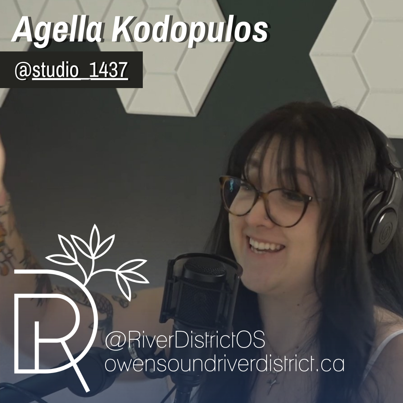 Agella In front of podcast microphone
