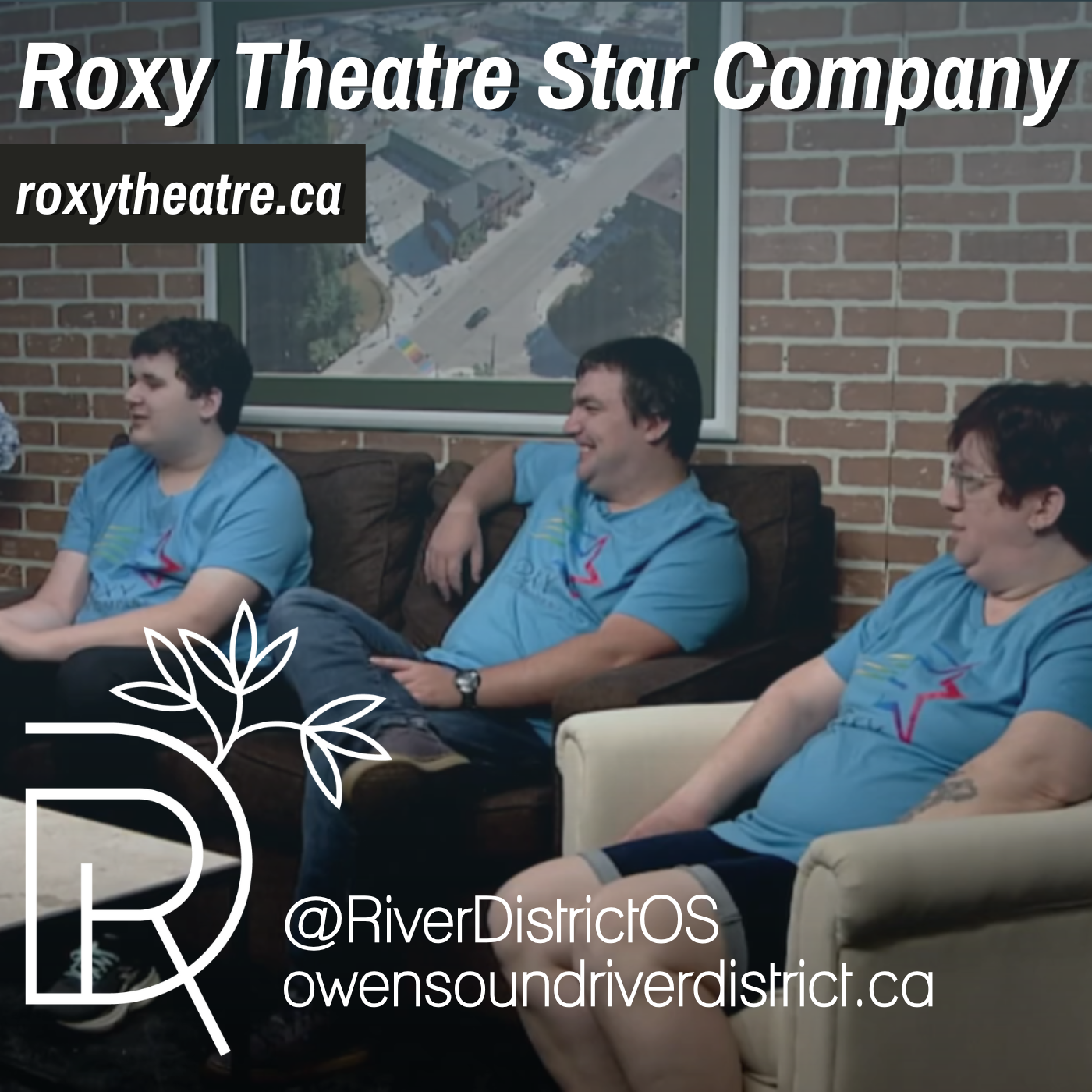 three people sitting in front of a faux brick wall